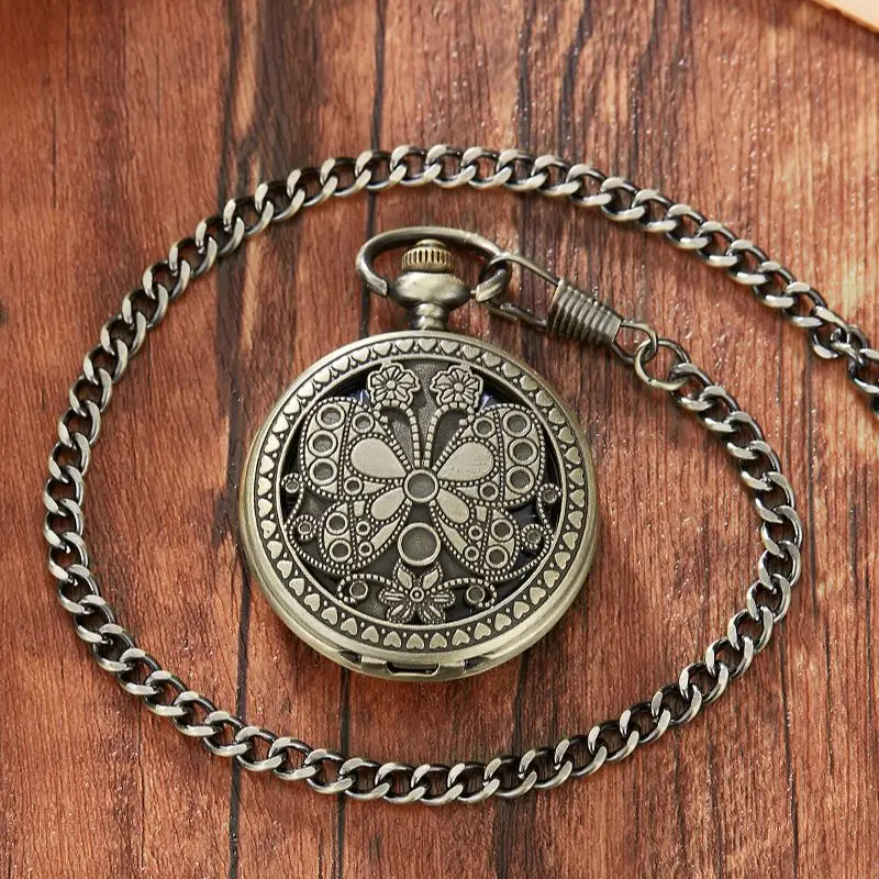 Luxury Butterfly Stainless Steel Men Vintage Pocket Watch Skeleton Dial Hand Wind Mechanical Male Fob Chain Pendant Clock Watch