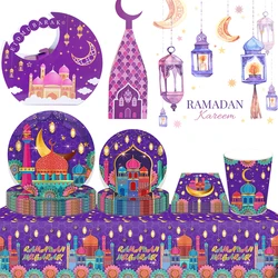 Ramadan Mubarak decorazione 2024 colorato moschea stampa viola stoviglie usa e getta EID Mubarak fornitura musulmano islamico Party Decor