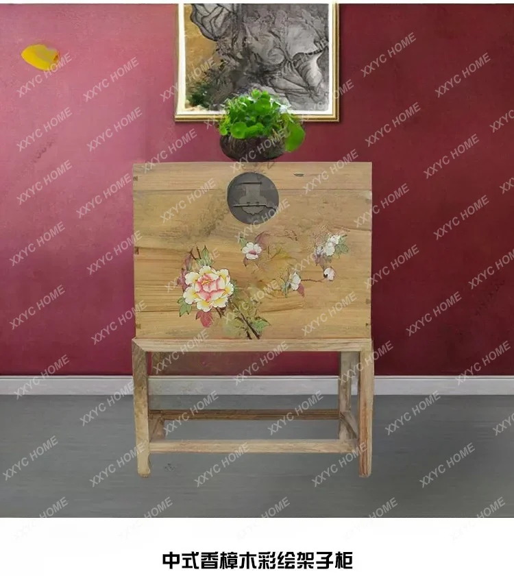 Classical furniture painted decoration insect-proof painting and calligraphy bedside table storage camphor wood dowry box