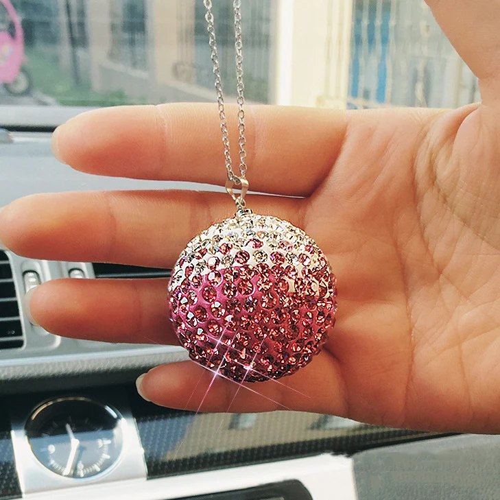 Bling Car Decor Crystal Ball Hanging Rear View Mirror Charm Rhinestone Ornament Accessories for Women