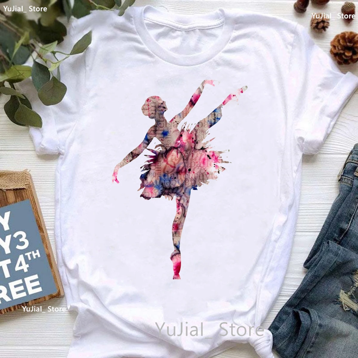 Rainbow Ballet Dancer Print T Shirt Girls Gymnast Lover Tshirt Women Watercolor Flowers T-Shirt Femme Summer Short Sleeve Tops