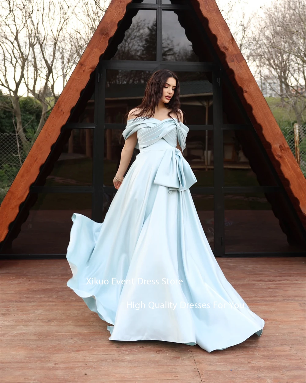 Xikuo Graceful Blue Satin Evening Dresses Off The Shoulder Party Prom Gowns Summer Long A Line Celebrity Dresses Customized