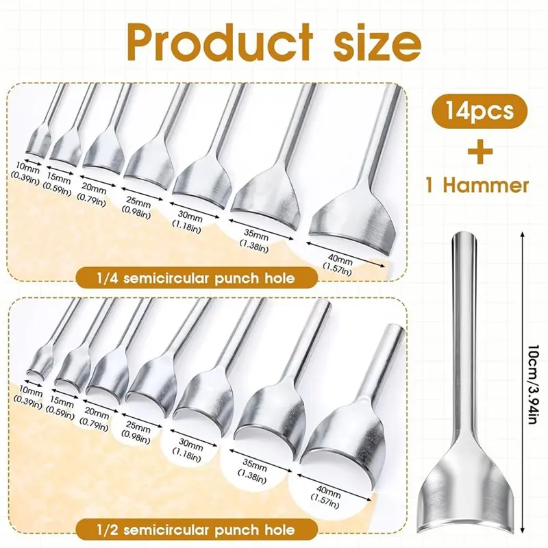 مجموعة خرامة زاوية جلدية بمقاسات ABBP-14 مع مطرقة مطاطية مزدوجة الجوانب، حقيبة محفظة بحزام نصف دائري/رباع مستدير يمكنك صنعها بنفسك