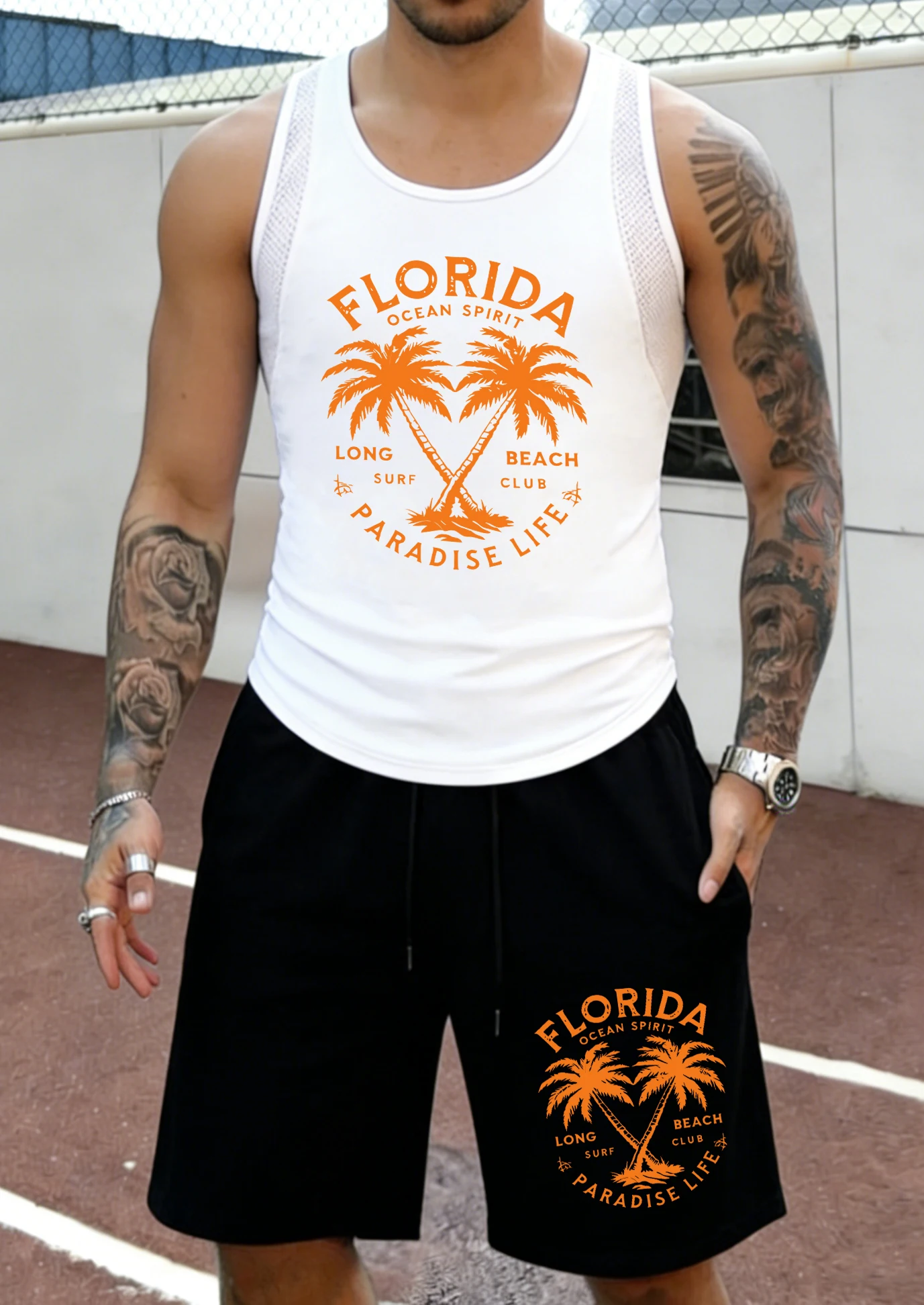 

Flida Ocean Long Beach Prints Men Mesh Summer Vest & Shorts Sport Hiking Bottom Suit Breathable Soft Tee Classic Running Pants