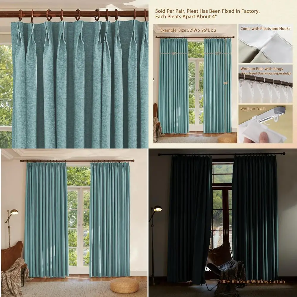 Blackout Curtains 100% Textured Linen, Pinch Pleat Design, 84 Length, Energy Efficient, Ideal for Bedrooms and Living Rooms