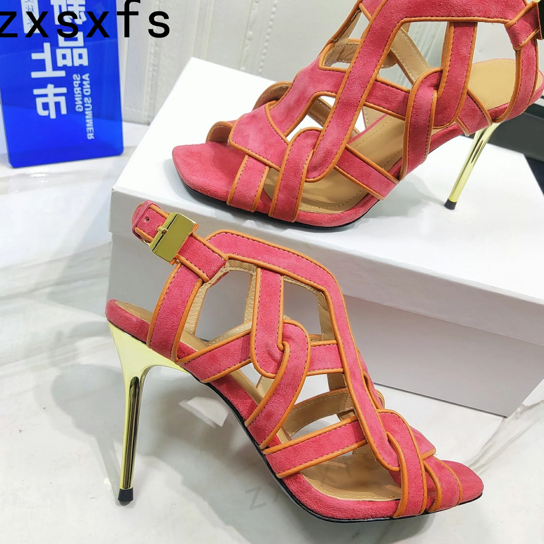 Thiết Kế Túi Đeo Chéo Áo Ngực Mỏng Giày Sandal Cao Gót Nữ Hở Mũi Ánh Kim Bơm Nữ Ăn Tối Giày Mùa Hè Đường Băng Võ Sĩ Giác Đấu Xăng Đan