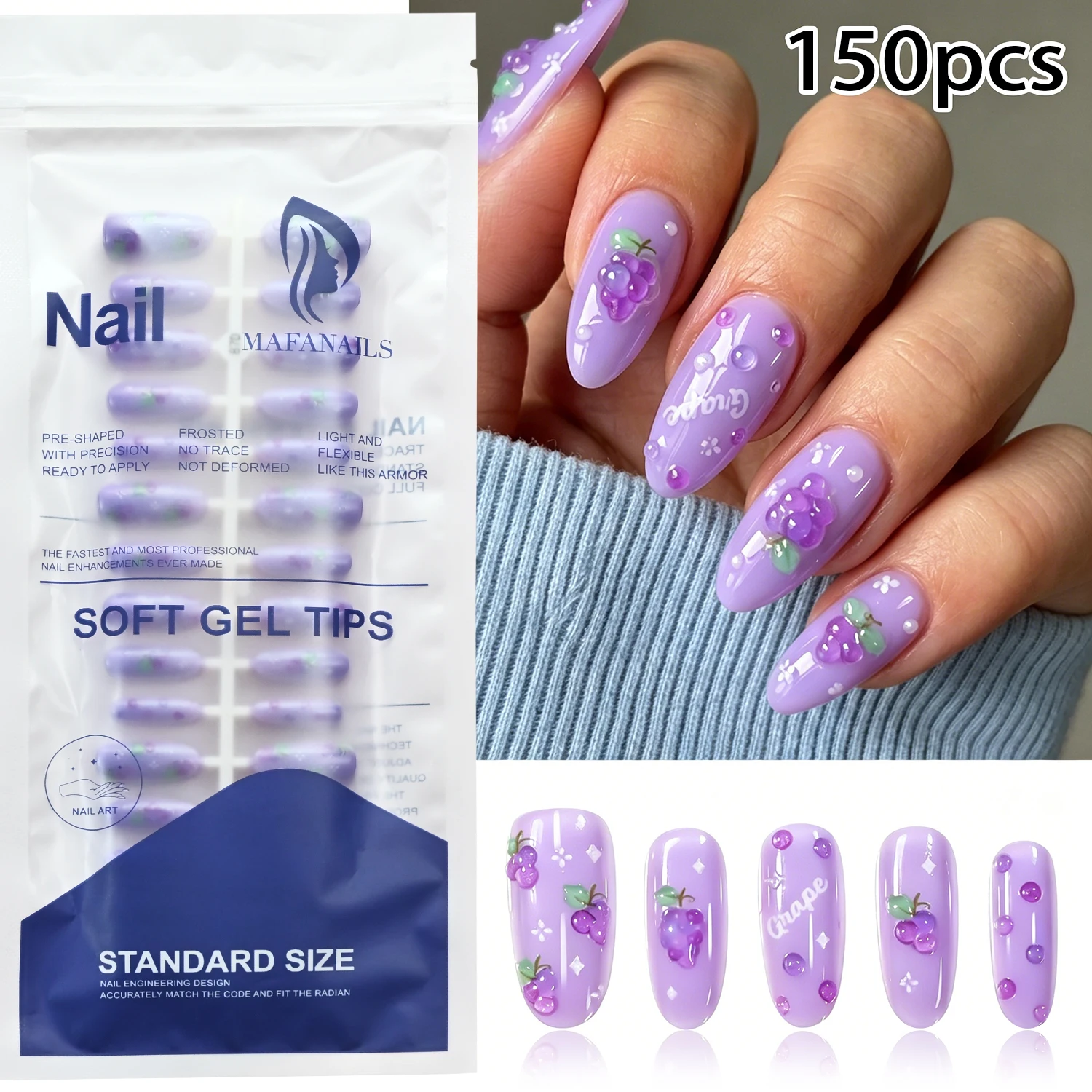 150Pcs Purple Grape Medium Oval Press On Nails Almond Shaped Full Cover Fake Nail Summer Fruits Wearable False Fingernails Tips view 5