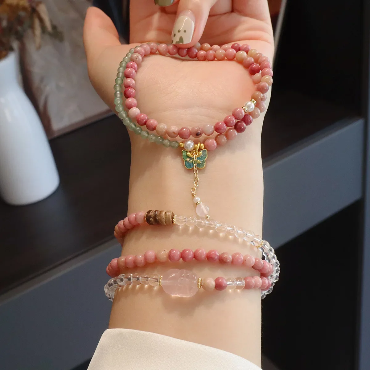 Chinese Natural Redstone Multi-circle Bracelet Pink Crystal Pixiu Star Moon Bodhi Olive Multi-circle Hand String Lucky Jewelry