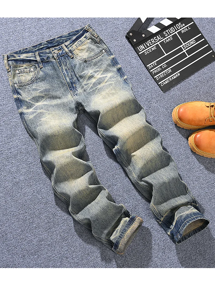 جينز قديم للرجال، فضفاض مستقيم الساق مغسول من قماش الدنيم القديم، أزياء ثقيلة راقية، سراويل حضرية وسيم