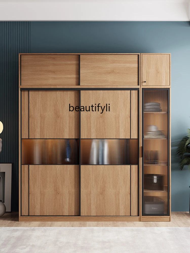 Nordic Solid Wood Wardrobe New Simple Wardrobe Induction Lamp Open Door Bright Small Apartment Japanese Sliding Door Cabinet