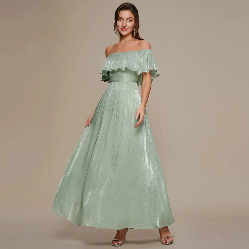 

BAZIIINGAAA Evening Dress Short Sleeve Off Shoulder Ruffled A-Line Luxurious Chiffon Floor Length Bridesmaid Evening Dresses