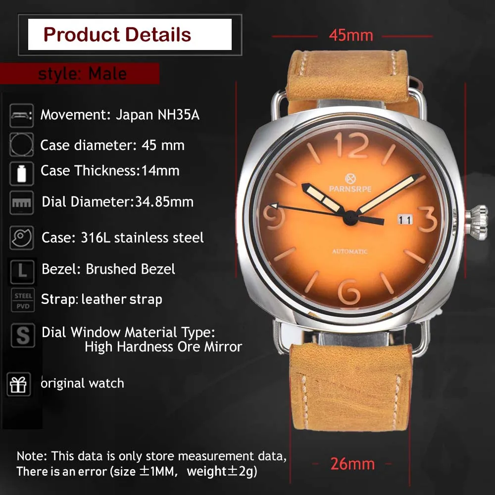 Reloj Mecánico de 45MM para hombre, pulsera deportiva Vintage informal, movimiento automático, caja de acero inoxidable 316L, NH35A