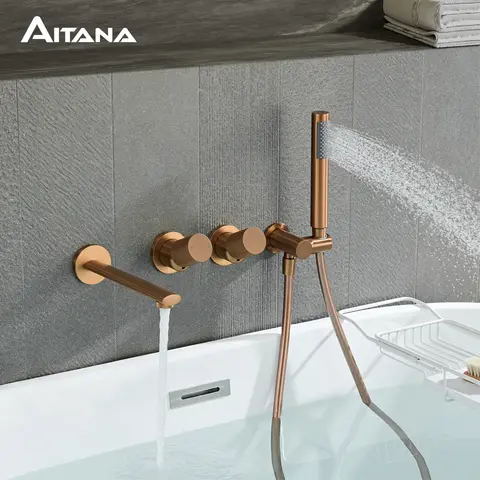 AITANA luxury Rose Gold Brass Wall Mounted bathtub faucet Two Handle Hot Cold Water embedded 2 functions Bathroom Mixer Tap