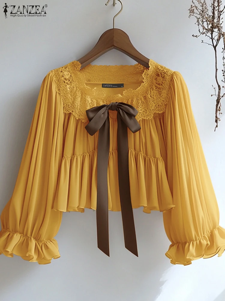 ZANZEA Chiffon Blouse Women Solid Lace Tops 2025 Casual Loose Lantern Sleeve Ruffled Blusas Vintage Bow Lace Up Pleating Tunic