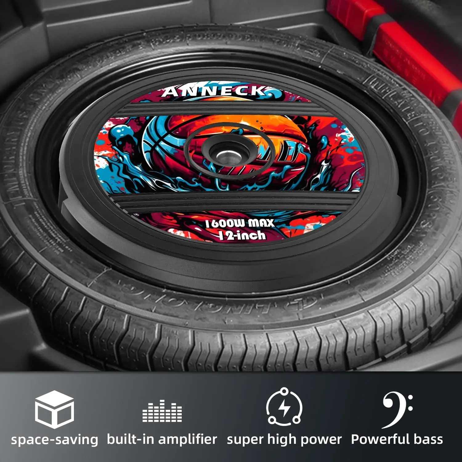 مضخم صوت نشط مقاس 12 بوصة مزود بمكبر صوت وجهاز تحكم عن بعد - نظام صوتي للسيارة بقدرة 1600 وات لذروة الإطارات الاحتياطية