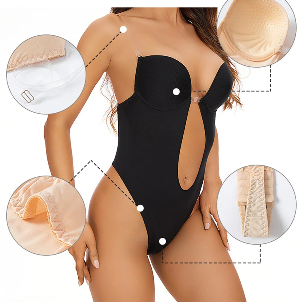 Women Shapers Underwear Backless Bodysuit Shapewear M L XL Deep V-Neck Body U Plunge Clear Strap Padded Push Up Corset