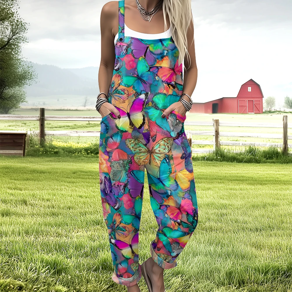 Damskie ogrodniczki w kwiaty z motylami, kombinezon bez rękawów w stylu boho z kieszeniami, fioletowo-różowe ogrodniczki z motywem dzikich kwiatów na letnie festiwale.