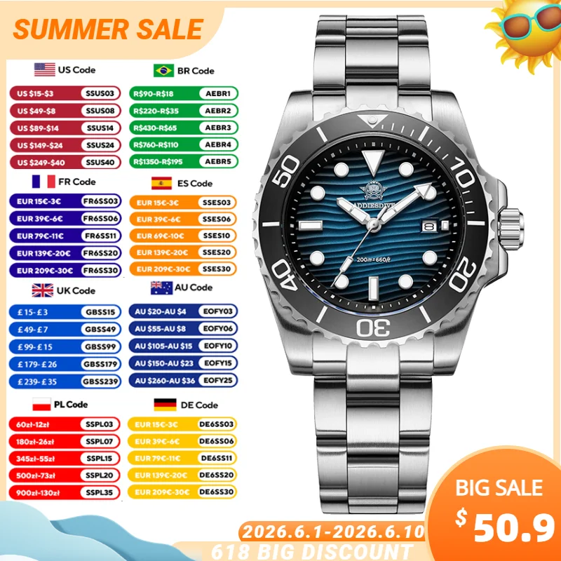 

ADDIESDIVE Watches Men Sand Dial Diver Quartz Watch 200m Waterproof BGW9 Super Luminous 316L Stainless Steel Watch Gift For Men