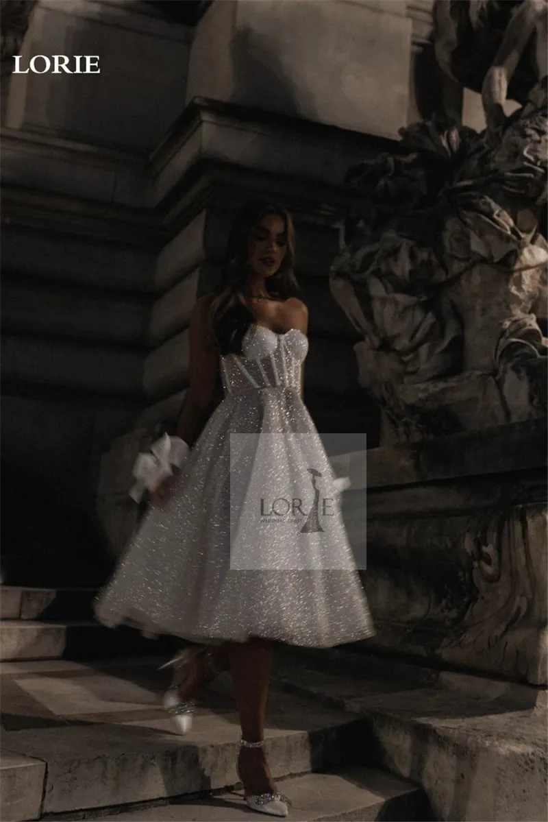 LORIE-vestido de novia de tul con purpurina, corte en A, escote en forma de corazón, vestidos de graduación a media pantorrilla, vestido de fiesta Formal de novia sin tirantes personalizado