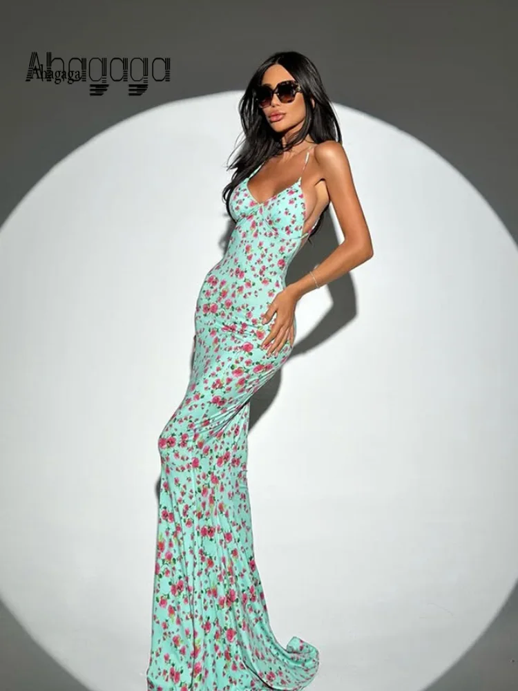 

Ahagaga Sexy Print Women Maxi Dresses Floral Sraps Sheath Trumpet Sheath Backless Bodycon Summer Fashion V-Neck Sleeveless Robes