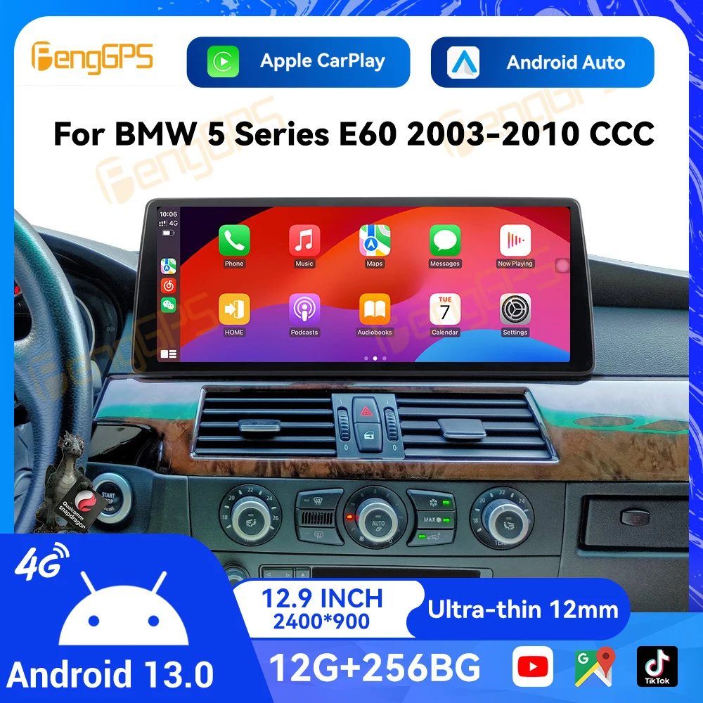 12.9'' Screen For BMW 5 Series E60 2003-2010 CCC Car Multimedia Player OEM Carplay Android 13 Auto GPS Navigation Support DSP 4G