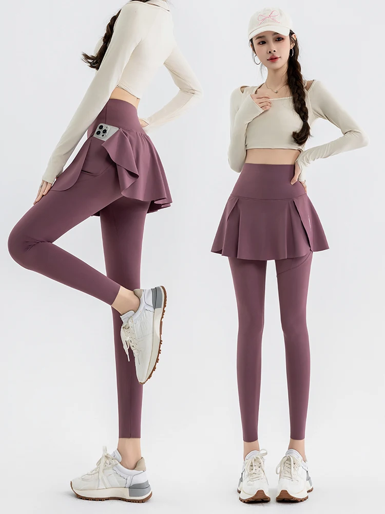 

High Waist Faux Two-Piece Yoga Skirt Pants Women's Thin Spor Fce Lined Elastic Large Size Base Layer Pants Skirt