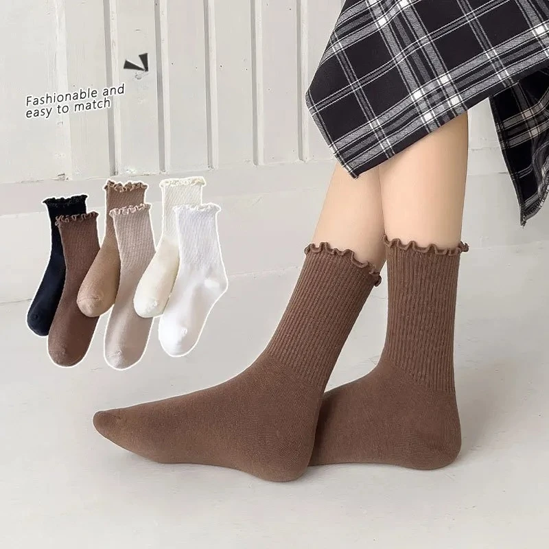 1/5 Paar Leuke Sokken Voor Vrouwen Nieuwe Herfst Winter Japanse Stijl Ademende Meisjes Korte Sokken Kawaii Effen Stroken Ruche Sokken