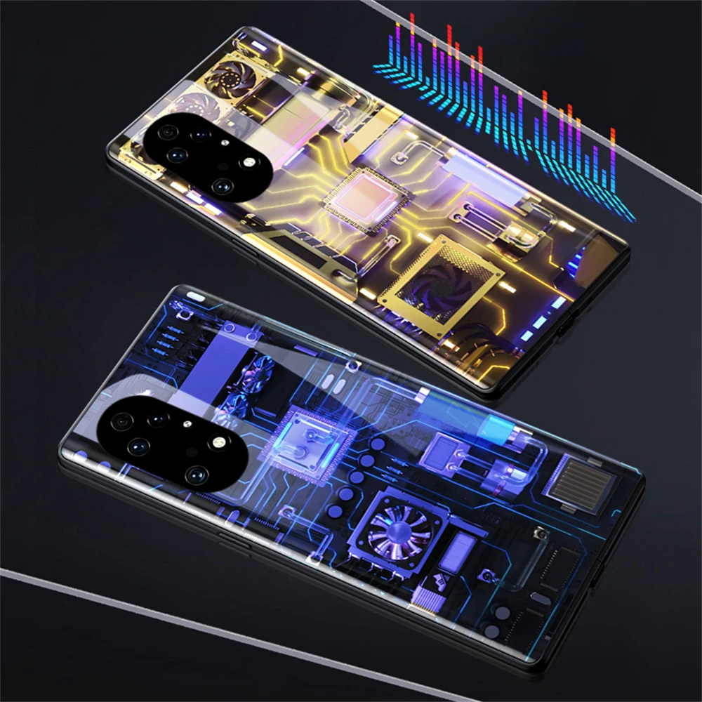 

For iPhone 15 14 13 12 11 Pro Max Mini X Xs Xr 7 8 Plus SE2020 Machine Circuit Design LED Phone Case With Lighting Glitter Cover