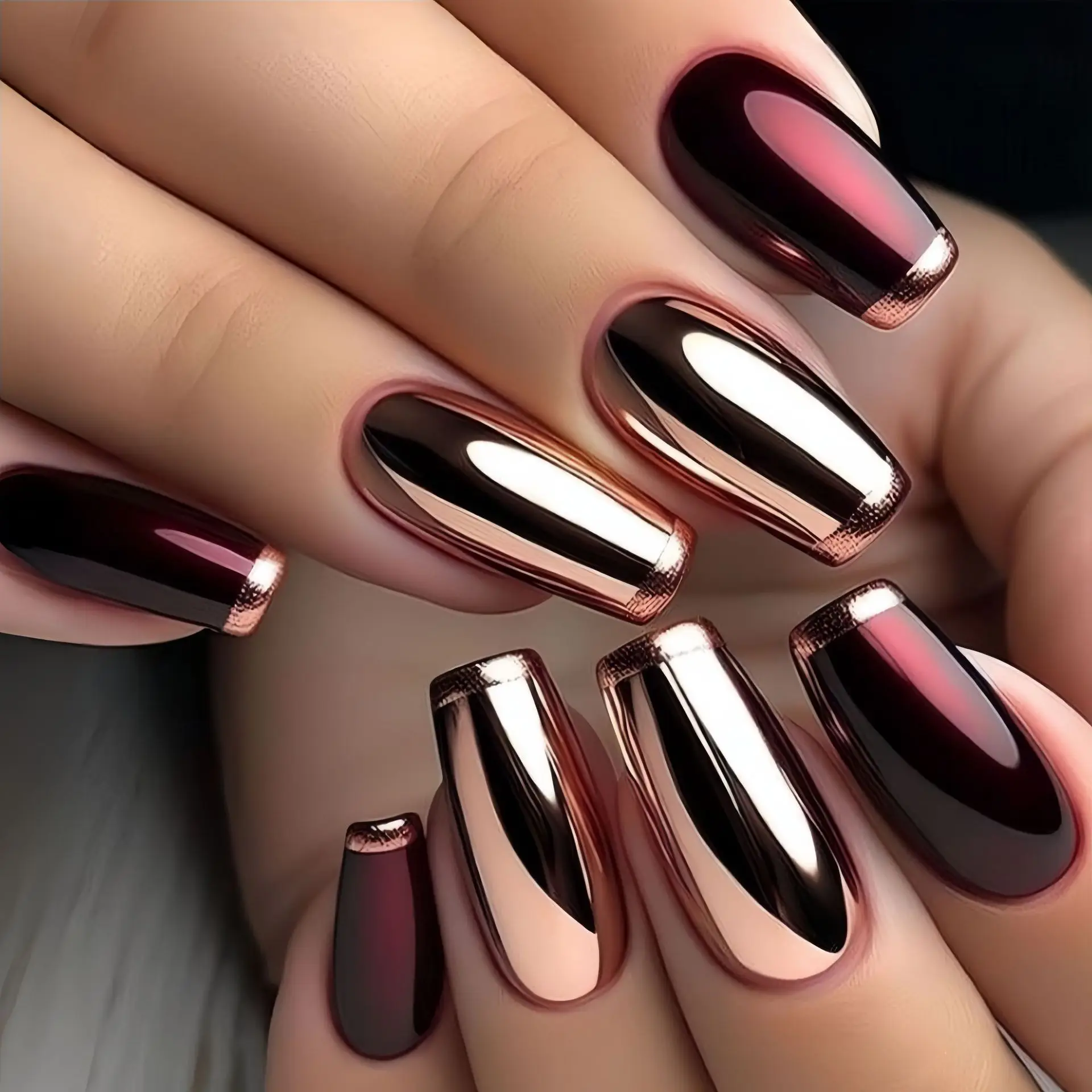 Mittellange künstliche Nägel für Frauen, glänzend, Neujahrsfarben, Weinrot, Schwarz, Champagnerfarben, Mandelform, Ballettform, Faux Ongles, Press-on-Nagelkunst-Set