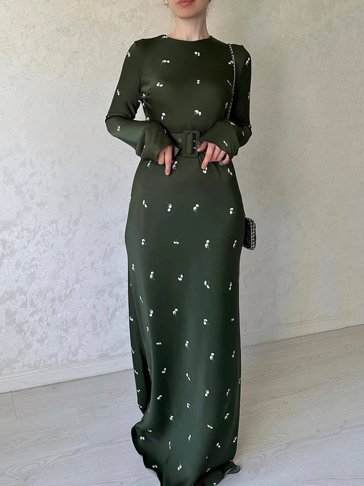 

Элегантное платье с поясом и принтом Весеннее женское длинное платье с длинными рукавами и круглым вырезом Осеннее однотонное тонкое платье до щиколотки с высокой талией