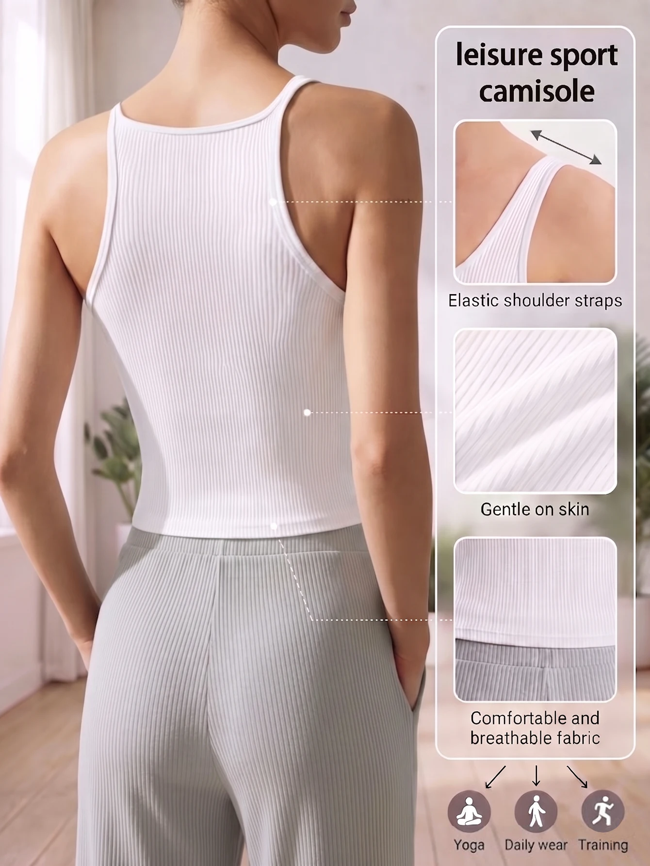 Solid Ribbed Women Tank Top with Built-in Pads Sleeveless Wireless Camisole Daily Fitness Sport Vest Top