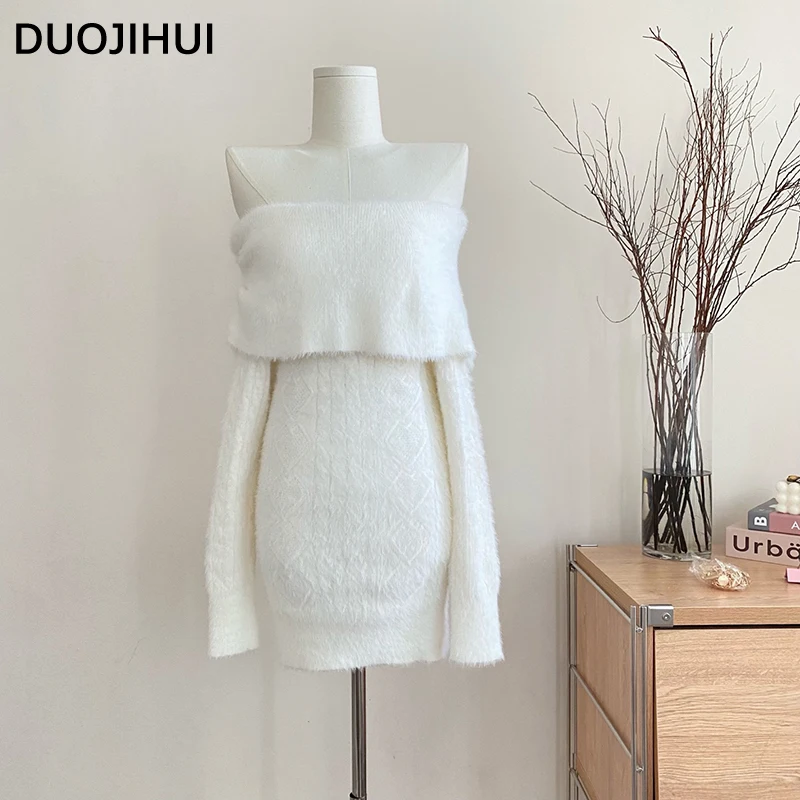 

DUOJIHUI White Soft Slim Waist Sweater Casual Female Pullovers Winter Chic Slash Neck Simple Fashion Solid Color Women Pullovers