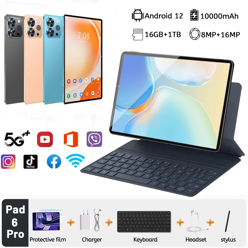 2025 Android Tablet Pad 6 Pro 16+1T 10.1 inch Original Tablette 5G Dual SIM Card or WIFI Global Version Tablets PC with keyboard