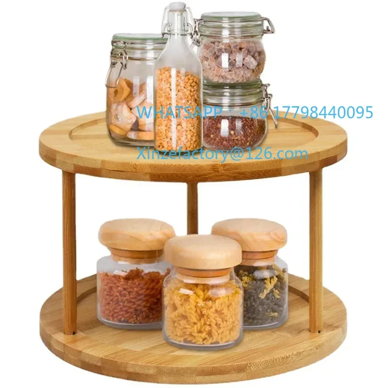Customizable Bamboo turntable spice rack 2-layer bamboo kitchen counter top cabinet, rotary condiment storage box, cosmetics she