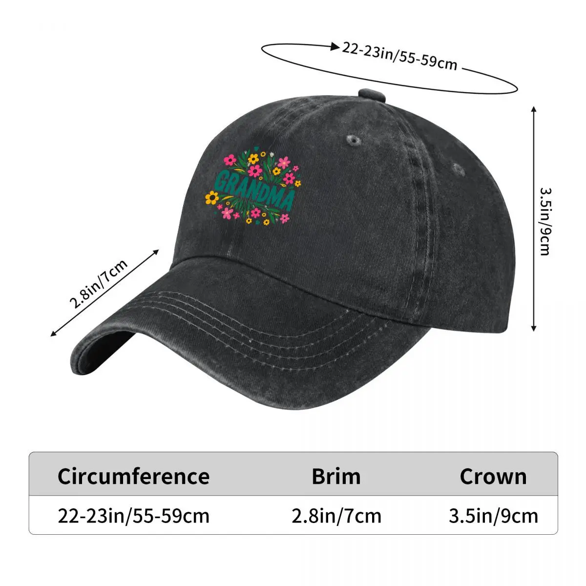 Grandma Colorful Floral Hearts Botanical Design Washed Baseball Cap Outdoor Hat