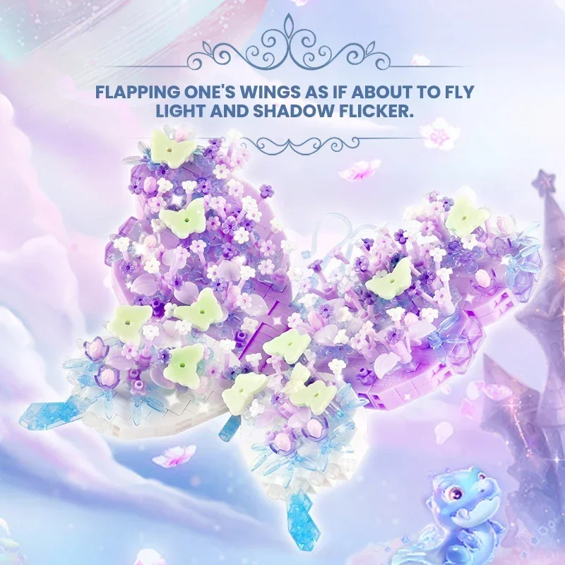 Diy sonhador fluindo borboleta blocos de construção flor com moldura foto crianças brinquedos colorido tijolo montagem modelo menina presentes aniversário