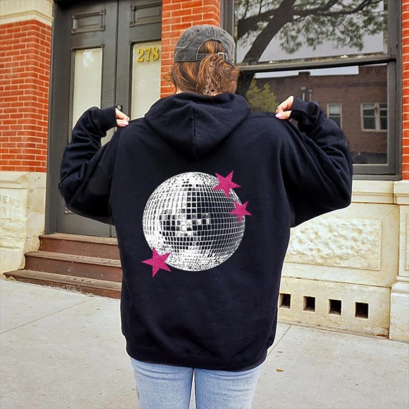 Disco Ball Mirrorball Keep Warm Sweatshirt Pink Stars  Long Sleeve Pullover Custom Matching Hoodies Streetwear Gifts for Her
