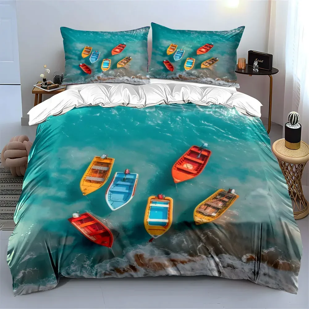 Colorful Boats Ocean Print Decor Soft Comfortable Duvet Cover Bedding Set Included 1*Duvet Cover & 2*Pillowcases, gift