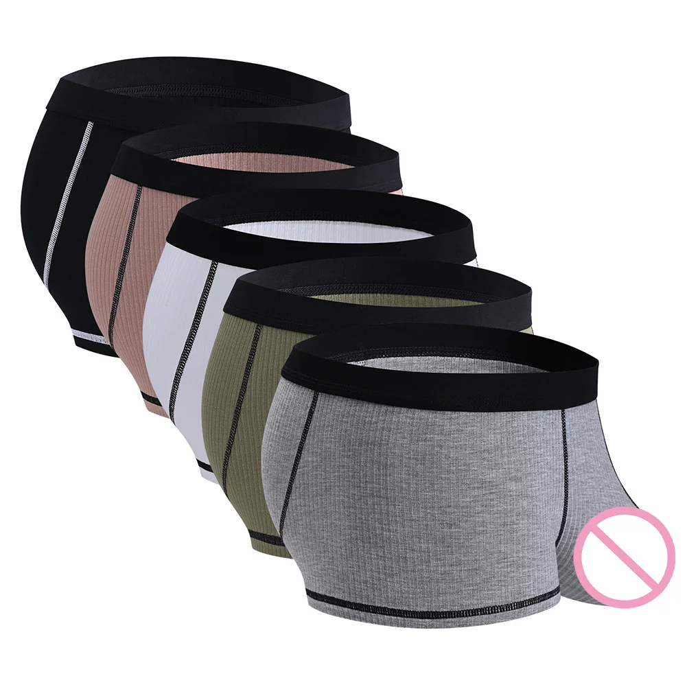 Men Large U-shaped Pouch Ribbed Boxer Shorts Buttock Lift Breathable Trunks Low Waist Solid Daily Sporty Underwear