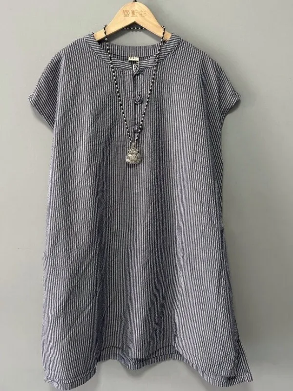 

Chinese Style Button up Loose Fit Summer Shirt Large Size Women's Casual Long Sleeveless Top with Patchwork Texture