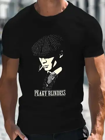 T-shirt da uomo a maniche corte con stampa grafica nera T-shirt estiva casual ispirata a Peaky Blinders T-shirt girocollo vestibilità regolare