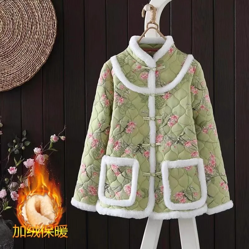 Winter New Retro Chinese Style Padded-Cotton Jacket For Women Large Size With Plush Flower Jacket Mothers Thick Warm Outerwear