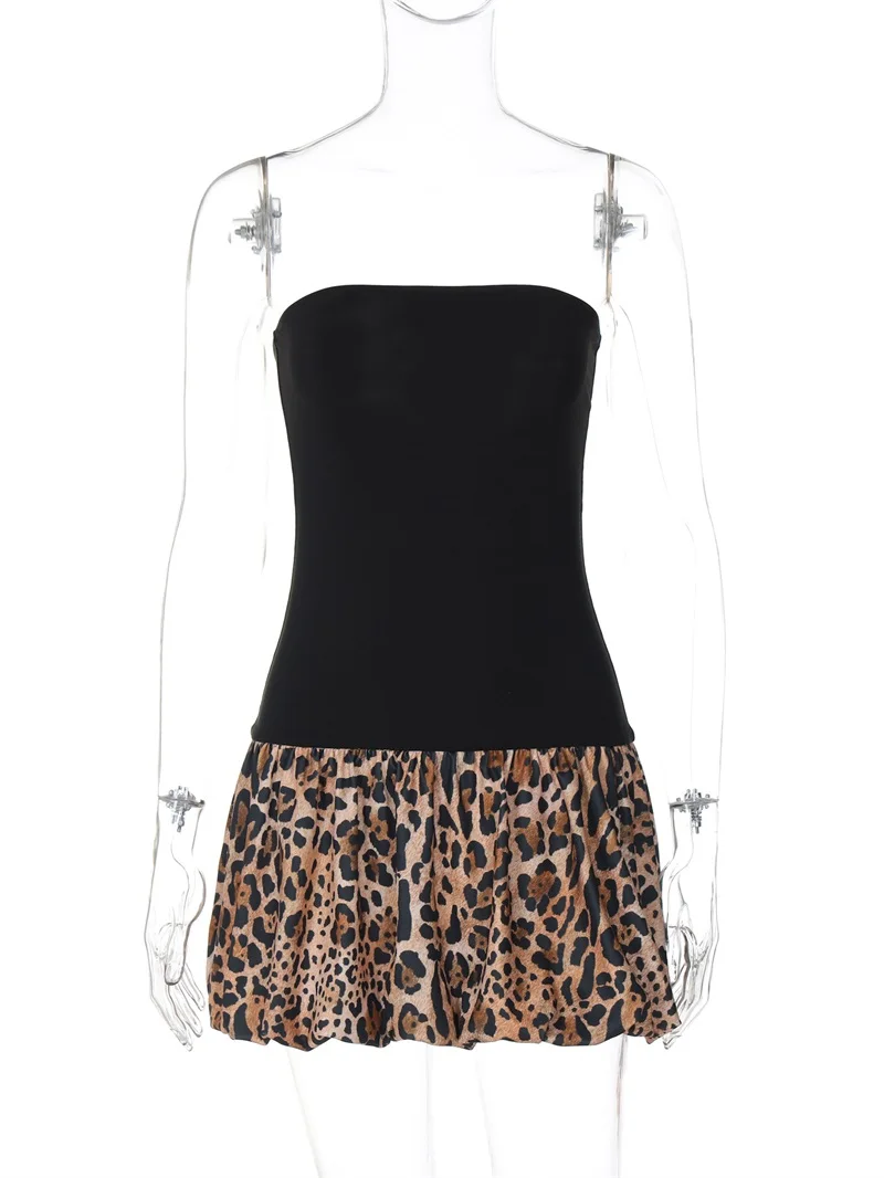 Vestido de fiesta con estampado de leopardo para niña, sin tirantes plisada minifalda, Sexy, a la moda, color negro, 2024