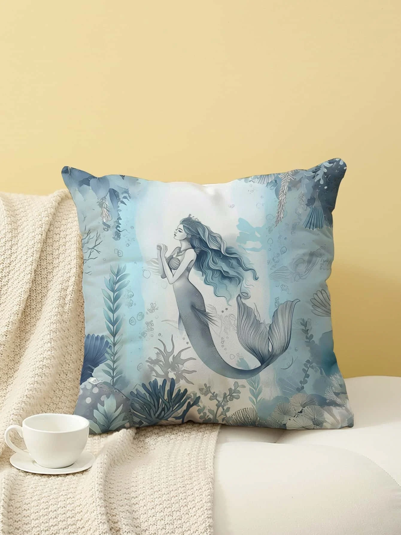 

Mermaid Print Throw Pillow Cover, Cushion Case for Sofa Bedroom Living Room Couch Bed Office Chair Home Decor