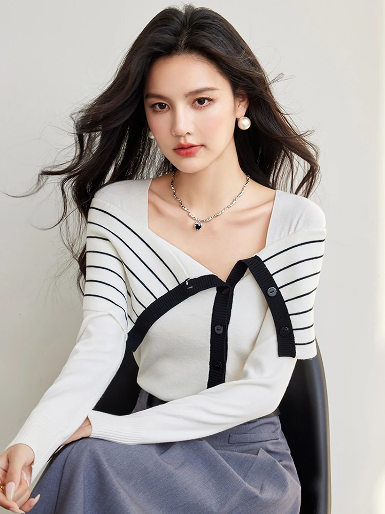 Striped Fake Two Pieces Slim Sweater for Women Autumn New Design Sense Niche Knitshirt Temperament Long Sleeve Pullovers Top