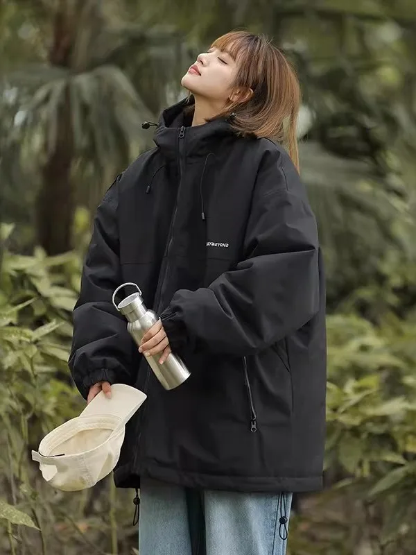 

Extra Large Cotton Jaet with Fce Thiened American Sle Spring Autumn Hooded Spor Coat for Women Winter Loose...