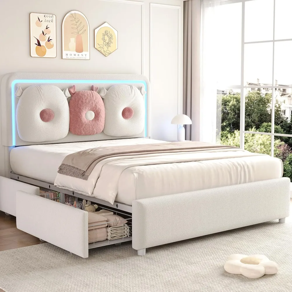 

Luxury Boucle Fabric LED Bed Frame with Storage and Adjustable Chic Double Arc Headboard, Cloud-Like Platform Bed for Princess