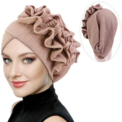 New Women Elegant 3D Ruffle Flower Turban Hat African Elastic Head Scarf Knot Pre-tied Beanies Chemo Cap For wedding Headwear