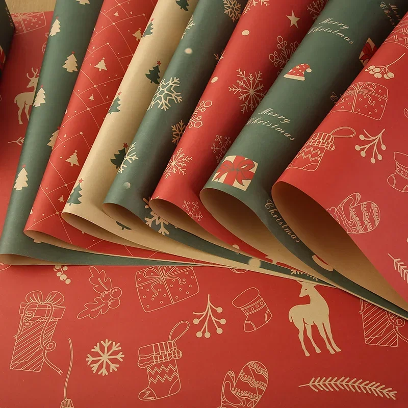 1szt Świąteczny papier do pakowania Vintage Kraft Festival Gift Wrap z wzorami płatka śniegu choinki do dekoracji pakowania prezentów