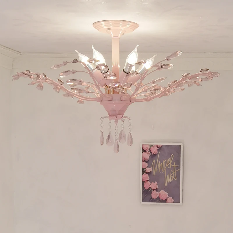 

Pink pastoral children's room ceiling light warm and romantic princess room bedroom light wrought iron study decoration crystal